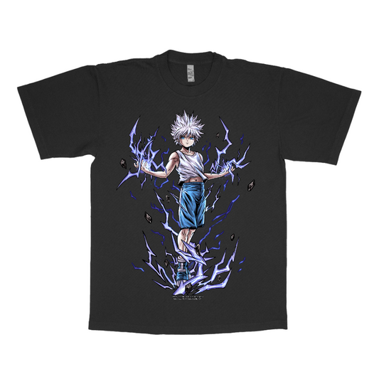 Killua zoldyck from anime hunter x hunter t shirt design bootleg by katchmenaw.